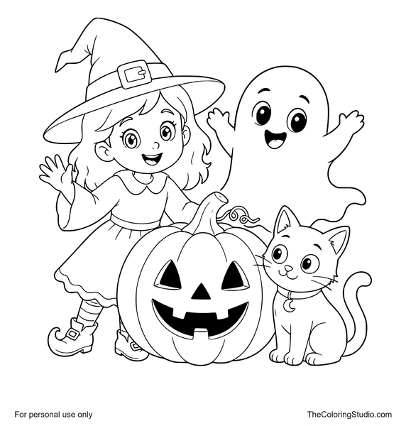 Witch, ghost, black cat, and smiling jack o lantern grouped together on a white background.