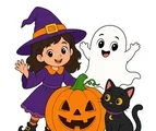Witch, ghost, black cat, and smiling jack o lantern grouped together on a white background.