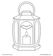 Purple Halloween lantern with orange panels, a candle, and a simple bat cutout on a white background.