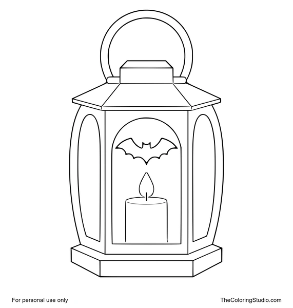 Purple Halloween lantern with orange panels, a candle, and a simple bat cutout on a white background.