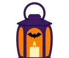 Purple Halloween lantern with orange panels, a candle, and a simple bat cutout on a white background.