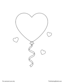 Red heart-shaped balloon with a pink curling ribbon and three small floating hearts on a white background.