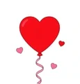 Red heart-shaped balloon with a pink curling ribbon and three small floating hearts on a white background.