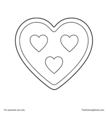 Heart-shaped cookie with pink icing, cream border and three red heart sprinkles.