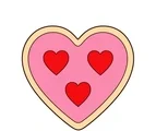 Heart-shaped cookie with pink icing, cream border and three red heart sprinkles.