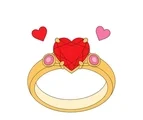 Gold ring with a large red heart-shaped gemstone, four prongs and two small pink side gems.