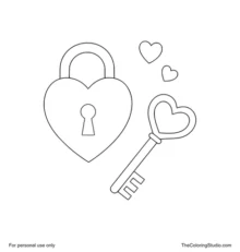 Red heart-shaped lock beside a gold decorative key with a small heart-shaped bow.