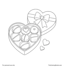 Open red heart-shaped chocolate box with seven assorted chocolates, a ribbon bow and two small hearts.