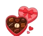 Open red heart-shaped chocolate box with seven assorted chocolates, a ribbon bow and two small hearts.