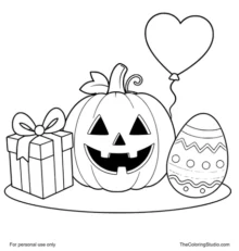 Festive holiday cover with a pumpkin, gift box, decorated Easter egg, and heart balloon on a white background.