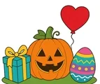 Festive holiday cover with a pumpkin, gift box, decorated Easter egg, and heart balloon on a white background.