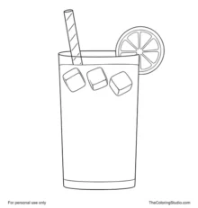 Tall lemonade glass with a striped straw, lemon slice, and three ice cubes on a white background.