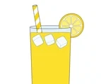 Tall lemonade glass with a striped straw, lemon slice, and three ice cubes on a white background.