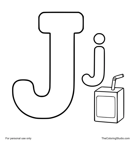 Uppercase J and lowercase j with a small juice box on a white background.