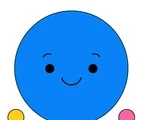 Smiling blue circle with two small round accent dots centered on a solid white background.