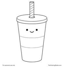 Kawaii soda cup with a domed lid, striped straw, and small smiling face on a white background.