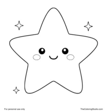 Cheerful five-point star with a smiling face and small twinkles on a white background.