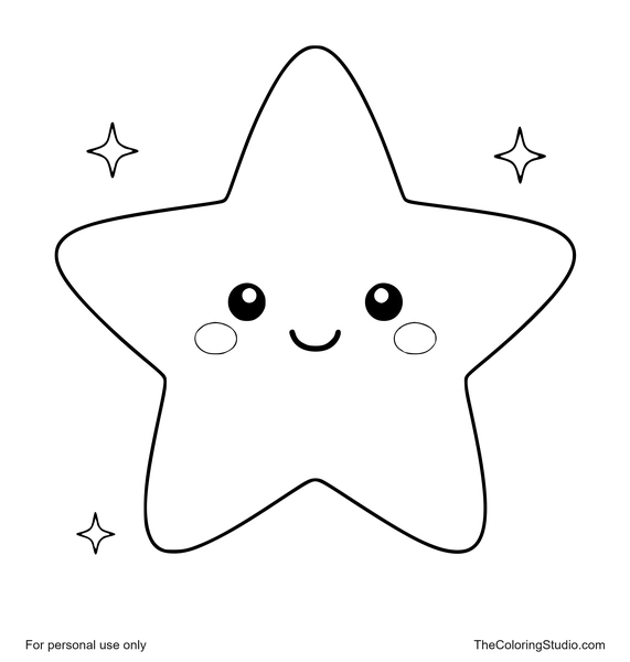 Cheerful five-point star with a smiling face and small twinkles on a white background.
