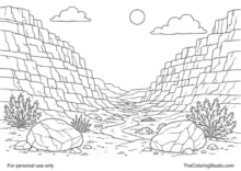 Layered canyon walls around a winding river with boulders, desert shrubs, clouds, and a small sun.