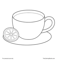 Tea cup filled with warm tea, a lemon slice, and an oval saucer on a white background.