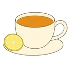 Tea cup filled with warm tea, a lemon slice, and an oval saucer on a white background.