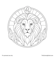 Front-facing Leo lion with a layered golden mane inside a circular zodiac frame with a solar halo and flame accents.