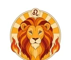 Front-facing Leo lion with a layered golden mane inside a circular zodiac frame with a solar halo and flame accents.