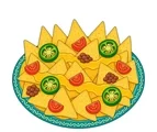Loaded nachos platter with layered chips, cheese ribbons, jalapeno rings, tomatoes, and beans on white.