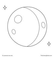 Lunar eclipse with a copper-toned moon, broad curved shadow, bright edge crescent, and two small twinkles on white.