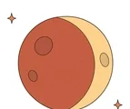 Lunar eclipse with a copper-toned moon, broad curved shadow, bright edge crescent, and two small twinkles on white.