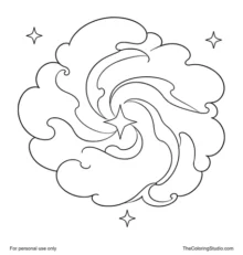 Large colorful nebula with broad rounded cloud shapes, a central star, and three small twinkles on white.