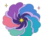 Flowing colorful nebula with a central star and three small twinkles on a white background.