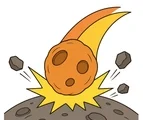 Large meteor striking a curved rocky surface with a bright impact burst, short trail, and three rock fragments on white.