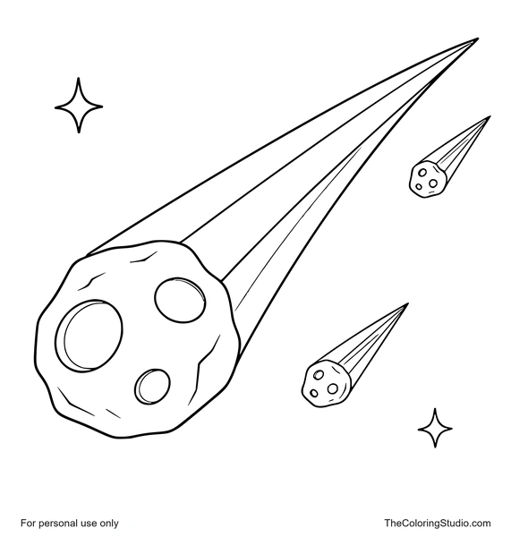 Large meteor with two smaller followers, broad flat trails, simple craters, and two twinkles on white.