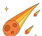 Large meteor with two smaller followers, broad flat trails, simple craters, and two twinkles on white.