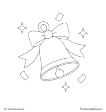 Gold New Year bell with a pink ribbon, teal band, visible clapper, sparkles and confetti.
