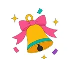 Gold New Year bell with a pink ribbon, teal band, visible clapper, sparkles and confetti.