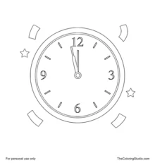 Round New Year countdown clock set just before midnight with confetti pieces and two star accents.