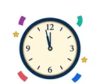 Round New Year countdown clock set just before midnight with confetti pieces and two star accents.