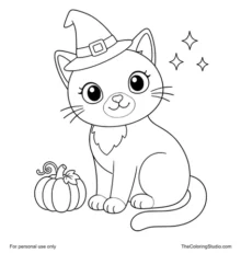 Black cat wearing a purple witch hat beside a small orange pumpkin on a white background.
