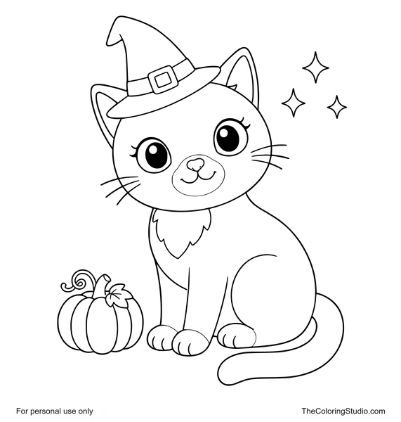 Black cat wearing a purple witch hat beside a small orange pumpkin on a white background.