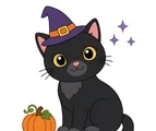 Black cat wearing a purple witch hat beside a small orange pumpkin on a white background.