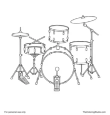 Modern red drum kit with bass drum, snare, toms, hi-hat, crash cymbal, pedal, and crossed drumsticks.