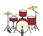Modern red drum kit with bass drum, snare, toms, hi-hat, crash cymbal, pedal, and crossed drumsticks.