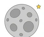 Moon with broad crater shapes and a small star nearby on a white background.