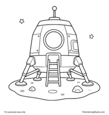 Lunar module with short landing legs, a large window, tiny stars, and a small moon patch.