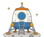 Lunar module with short landing legs, a large window, tiny stars, and a small moon patch.