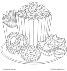 Movie-night snack spread with popcorn, pretzel, nachos, fries, cheese dip, and a cookie on white.