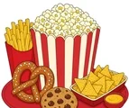 Movie-night snack spread with popcorn, pretzel, nachos, fries, cheese dip, and a cookie on white.