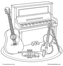 Upright piano, acoustic guitar, violin with bow, and trumpet arranged together on a simple oval rug.